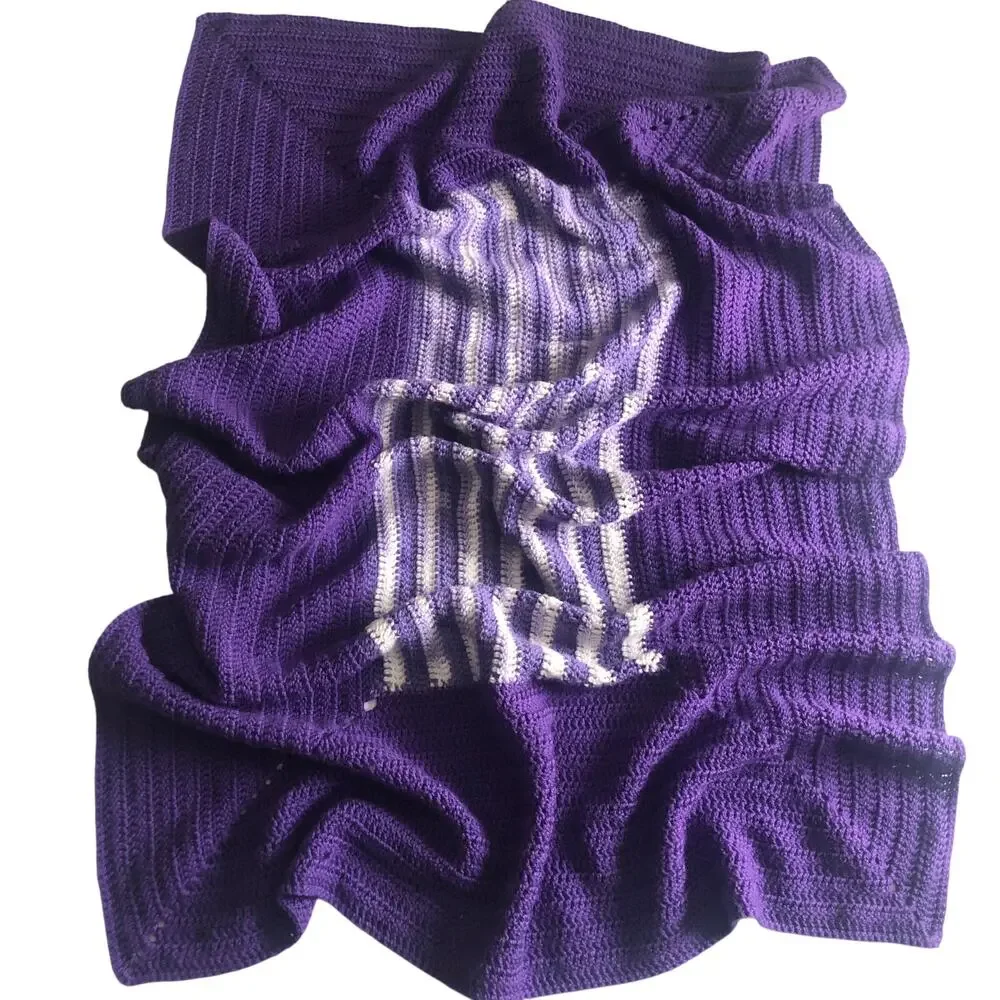 Handmade Crochet Afghan Throw Baby Blanket Purple White Soft VTG Style